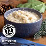 Ready Hour Mushroom Rice Pilaf in blue bowl with emblem "Fortified 12 Essential Vitamins & Minerals"