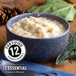 Ready Hour's Mushroom Rice Pilaf in blue bowl with emblem "Fortified 12 Essential Vitamins & Minerals"